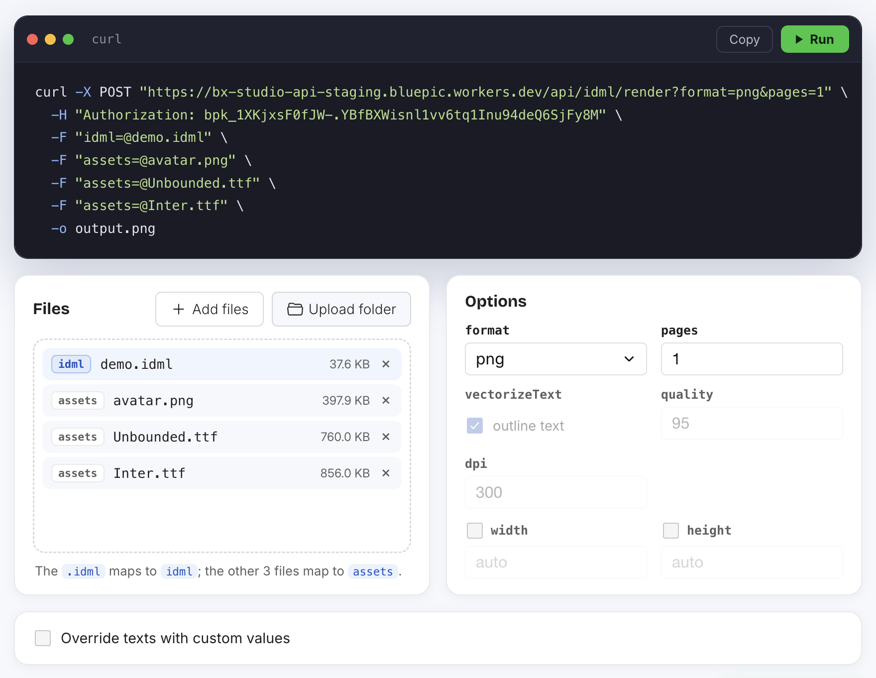 The API playground's Files and Options cards, the same parameters as the table above, live