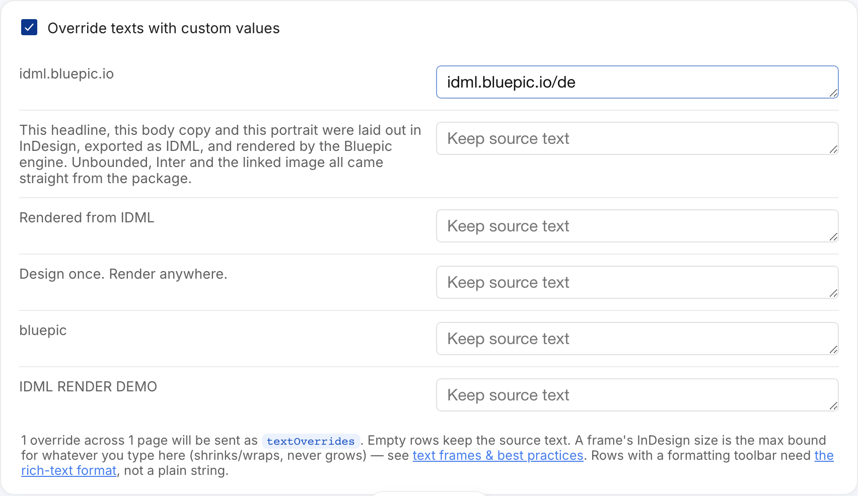 The API playground's override table, one row per text element, an empty box means "keep source text"