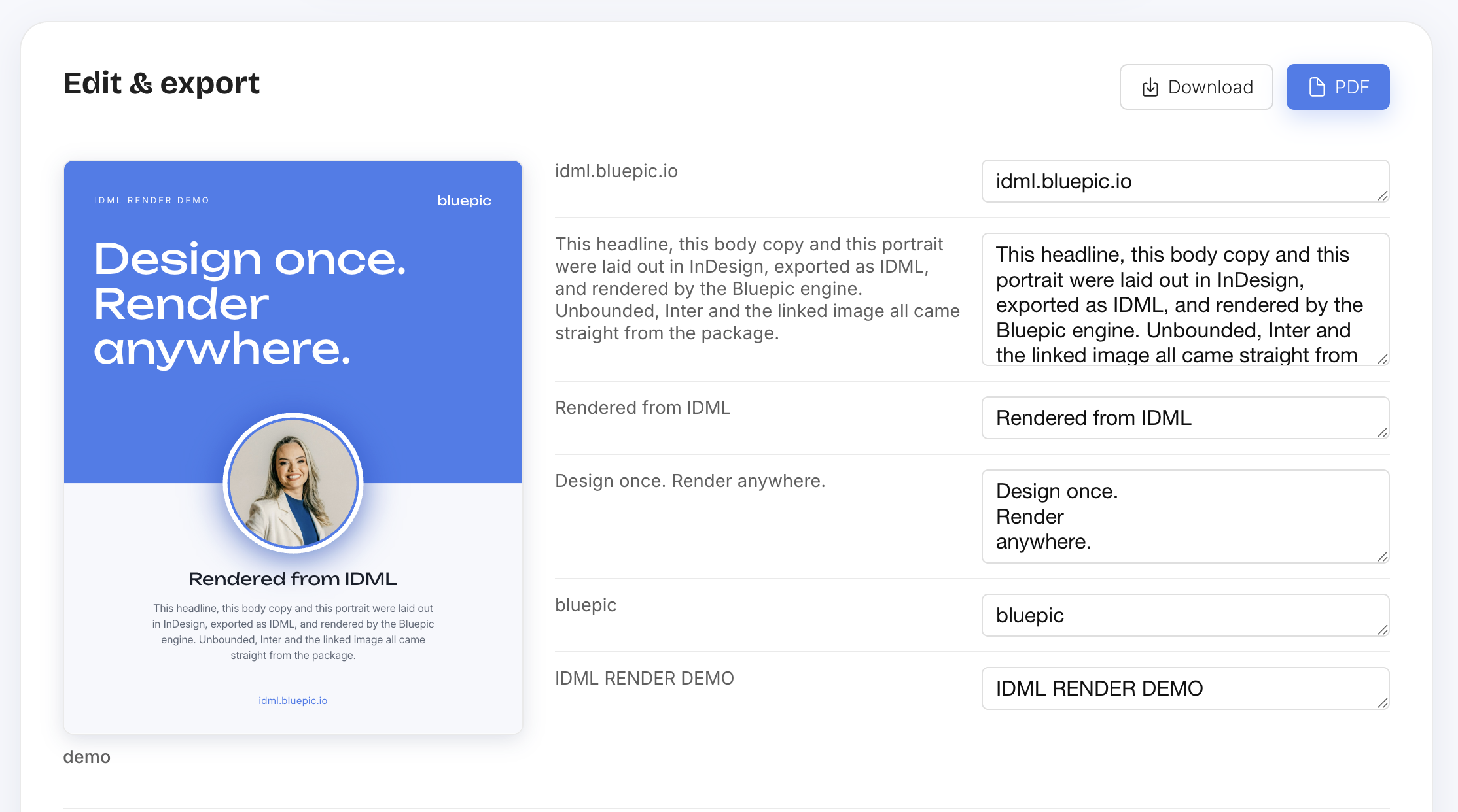 The Convert tool's Edit & export card, showing the live preview next to editable text rows for every element on the page