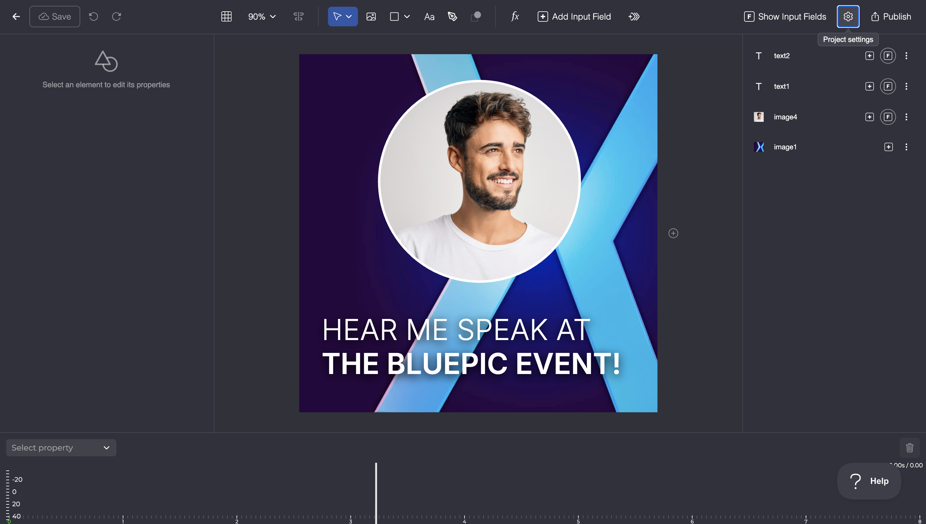 The Bluepic Studio editor: the design canvas, the layer list on the right, and the tools in the top toolbar.