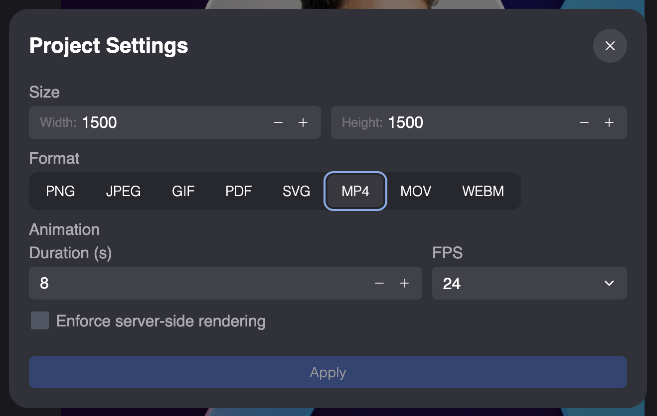Project Settings with the format set to MP4 and the Animation section showing Duration and FPS below it.