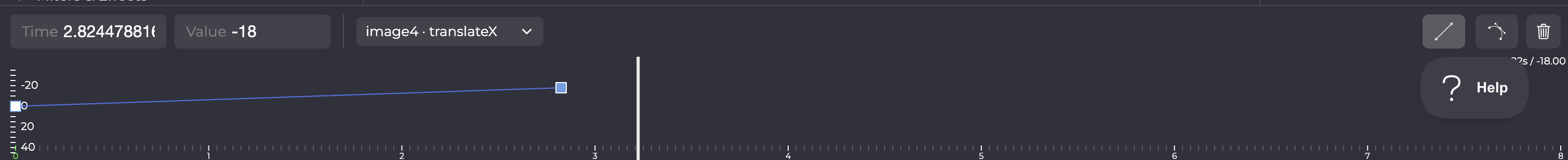 The timeline keyframe editor: a property track (image4 · translateX) with keyframes, the Time and Value fields, and the Linear / Bezier interpolation buttons.